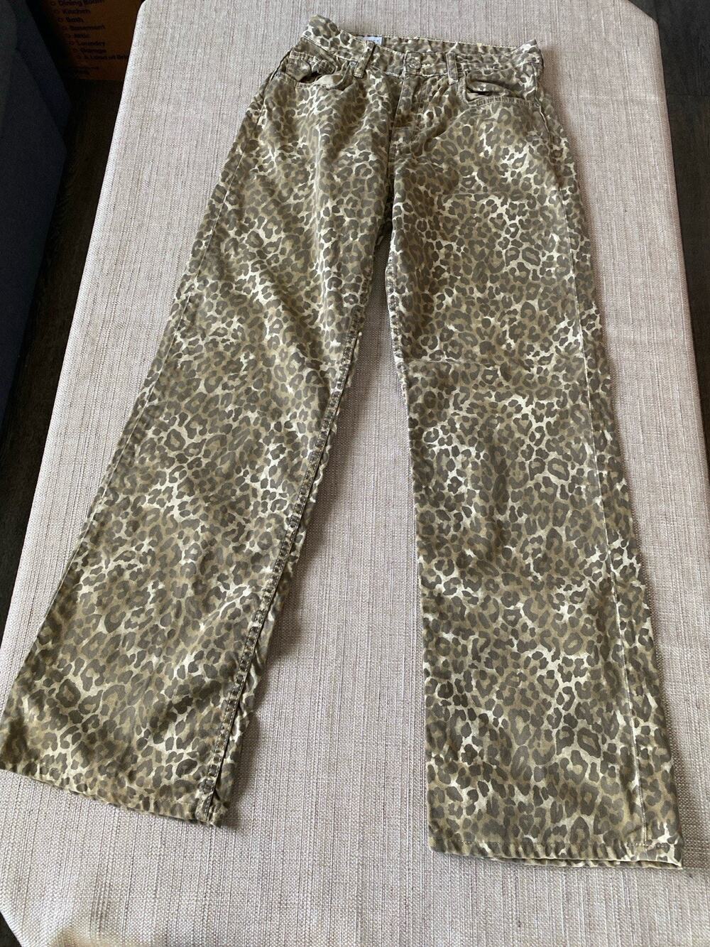 Zara Leopard Print Baggy Jeans Taupe Wide Leg Size 2